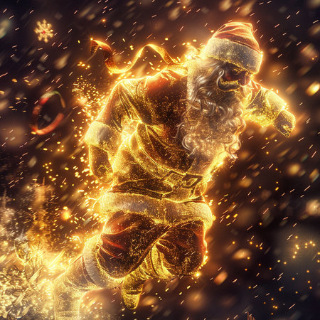 Santa Claus with christmas tree and snowflakes on dark backgroundの素材