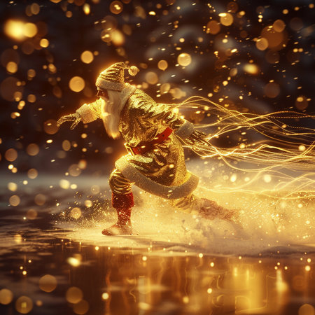 Christmas and New Year concept. Santa Claus dancing in the winter forestの素材