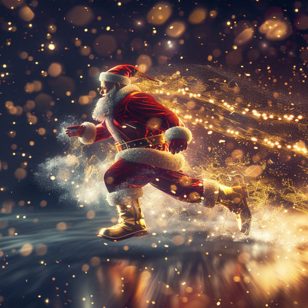 Santa Claus running with snow and lights on background. 3d renderingの素材