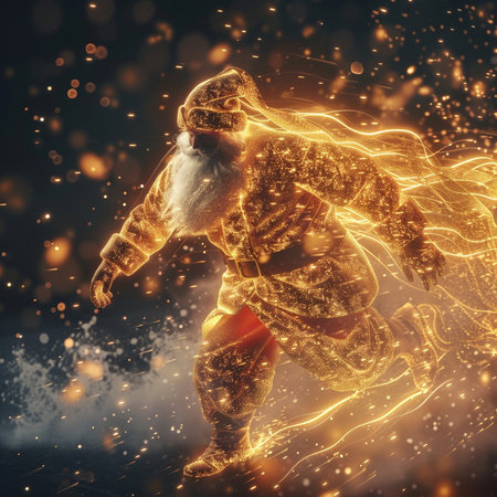 Santa Claus with glowing particles in his hands. Christmas and New Year concept.の素材