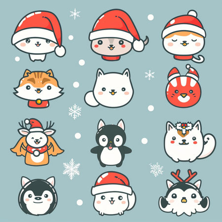 Cute cat, dog, cat, deer, owl, penguin, snowflakeの素材