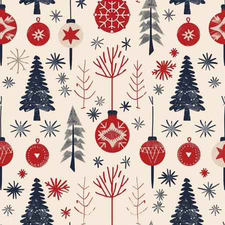 Seamless pattern with Christmas trees and snowflakes. Vector illustration.の素材