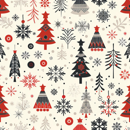 Seamless pattern with Christmas trees and snowflakes. Vector illustration.の素材