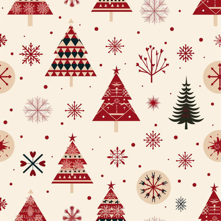 Seamless Christmas pattern with fir trees and snowflakes. Vector illustration.の素材