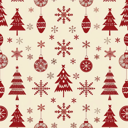 Seamless Christmas pattern with christmas tree and snowflakesの素材