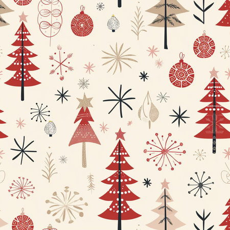 Seamless pattern with Christmas trees and snowflakes. Vector illustration.の素材