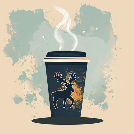 Coffee cup with a reindeer silhouette on grunge backgroundの素材