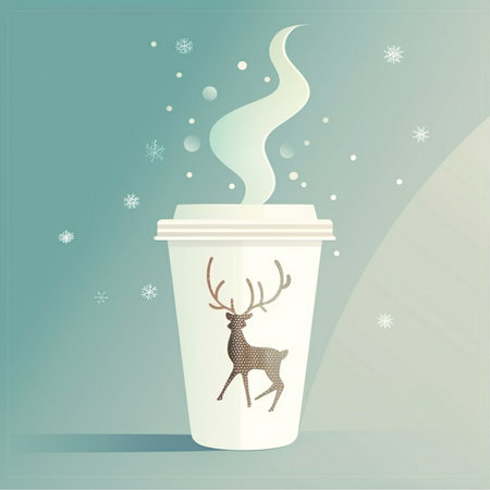 Coffee cup with reindeer and snowflakes on blue backgroundの素材