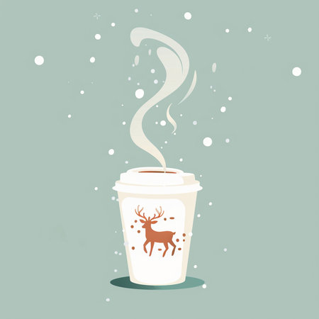 Coffee cup with reindeer and snow. Vector illustration.の素材