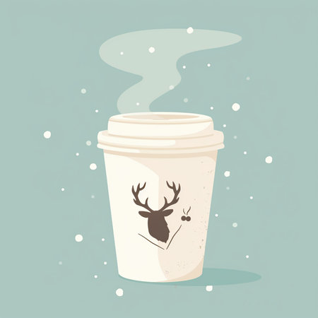 Coffee cup with reindeer and snow. Vector illustration.の素材