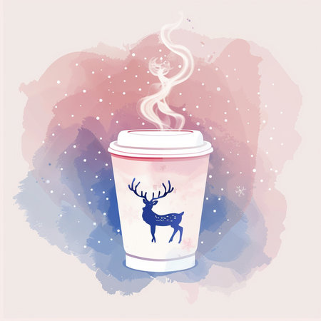 Coffee cup with reindeer print on watercolor backgroundの素材