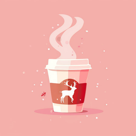 Coffee cup with reindeer on pink background. Vector illustration.の素材