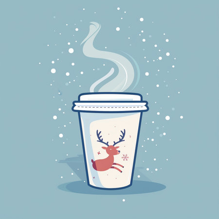 Coffee cup with reindeer and snow. Vector illustration.の素材