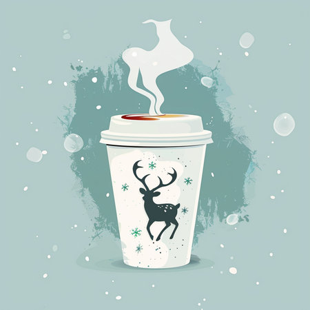 Coffee cup with reindeer in the snow. Vector illustration.の素材