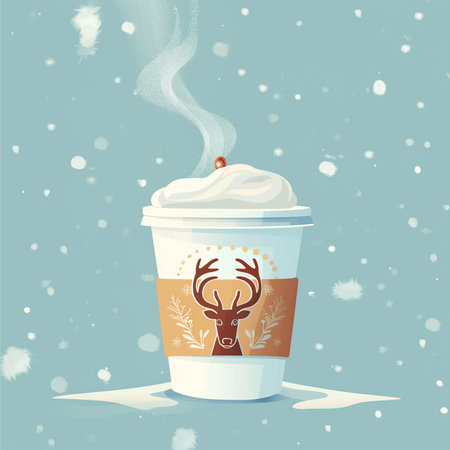 Coffee cup with reindeer and snowflakes.の素材