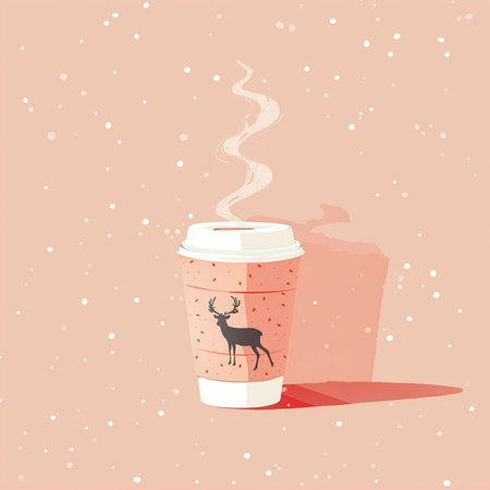 Coffee cup with reindeer on a pink background.の素材