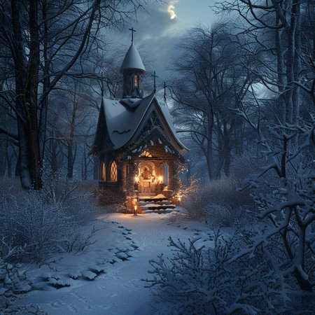 Wooden church in winter forest at night. 3D rendering.の素材