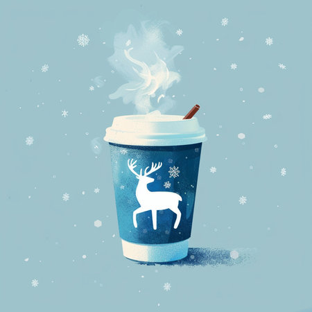 Coffee cup with reindeer and snowflakes on blue backgroundの素材
