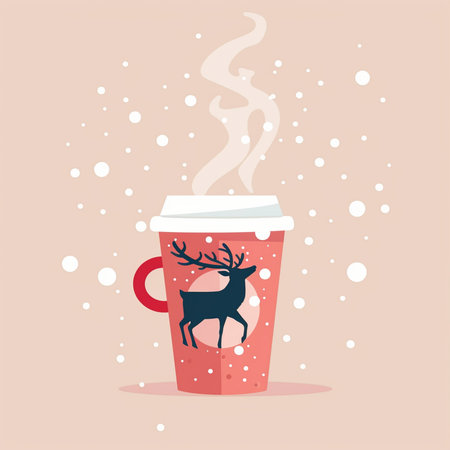 Coffee cup with reindeer and snow. Vector illustration.の素材