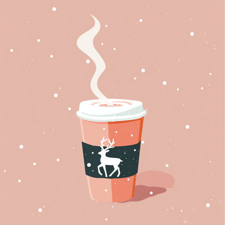 Coffee cup with reindeer and snow. Vector illustration.の素材