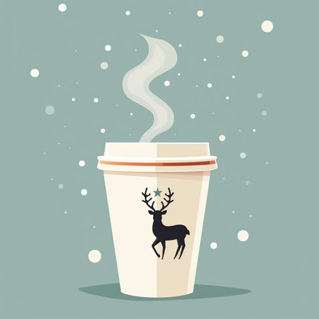 Coffee cup with reindeer and snow. Vector illustrationの素材