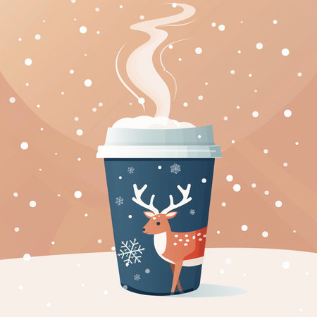 Christmas coffee cup with reindeer and snowflakes. Vector illustration.の素材