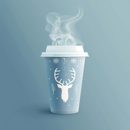 Coffee cup with christmas decoration on blue background. Vector illustration.の素材