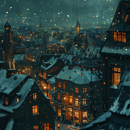 Night view of old european city. Christmas and New Year concept.の素材