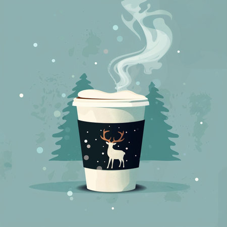 Coffee cup with christmas tree and deer. Vector illustration.の素材
