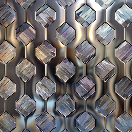3D render of a metal hexagon background with some reflected lightの素材