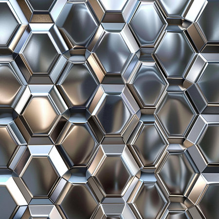 3d rendering of a metallic background with hexagons in gray colorの素材