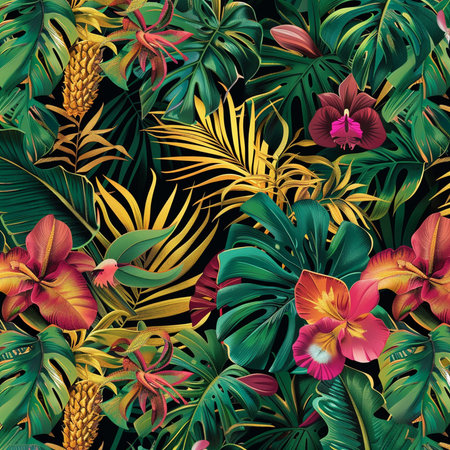 Seamless pattern with tropical leaves and hibiscus flowers.の素材
