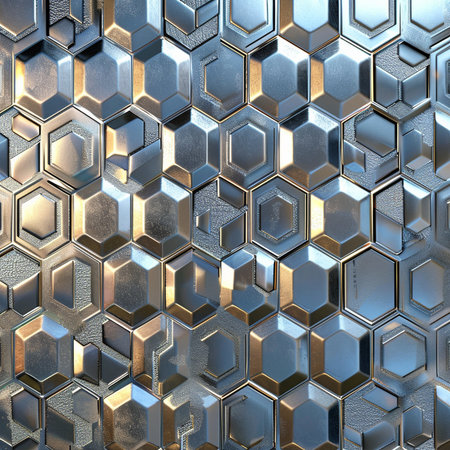 3d rendering of abstract metallic background with hexagons in gray colorの素材