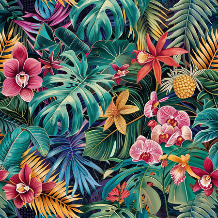 Seamless pattern with tropical leaves and flowers. Vector illustration.の素材