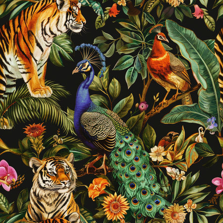 Beautiful vector pattern with nice watercolor peacock and exotic flowersの素材