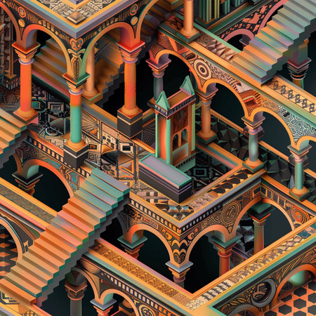 3d illustration of isometric building background with columns and archesの素材