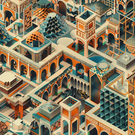 3d isometric city buildings seamless pattern. Dubai, United Arab Emiratesの素材