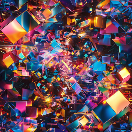 3d illustration of abstract geometric composition with glossy cubes in dark spaceの素材