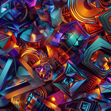 3d rendering of a lot of abstract geometric shapes in blue and orange colorsの素材