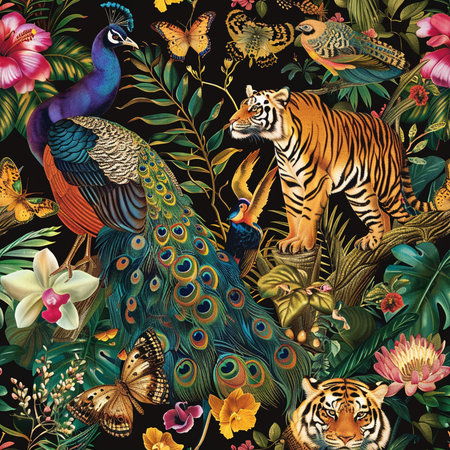 Seamless pattern with peacock, tiger, orchid flowers and butterflies. Watercolor illustrationの素材
