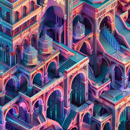 3d isometric illustration of a building with arches and windowsの素材