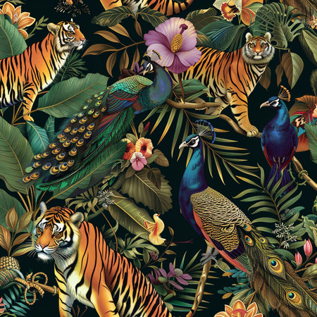 Tropical jungle seamless pattern with tigers, palm leaves and exotic flowers. Vector illustration.の素材