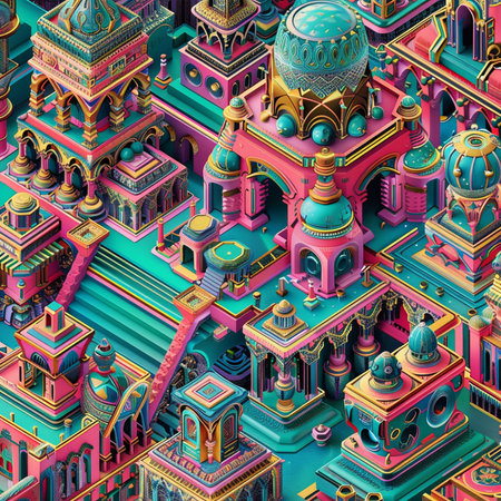 Colorful isometric background with mosque and minarets, 3d illustrationの素材