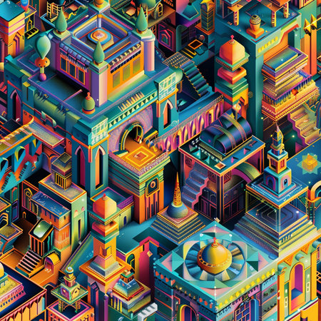 Colorful isometric city background. Seamless pattern for your designの素材