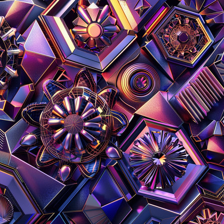 3d illustration of abstract geometric composition with shiny metallic shapes and elementsの素材