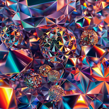 3d rendering of abstract geometric background with colorful crystal ornamentsの素材