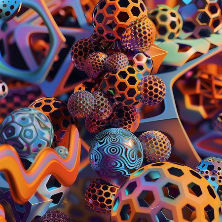 Abstract 3d rendering of chaotic geometric shapes. Colorful background with balls.の素材