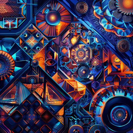 Abstract background with geometric shapes. Psychedelic digital art. 3D rendering.の素材