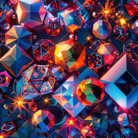 Seamless pattern of multicolored gems on a black backgroundの素材