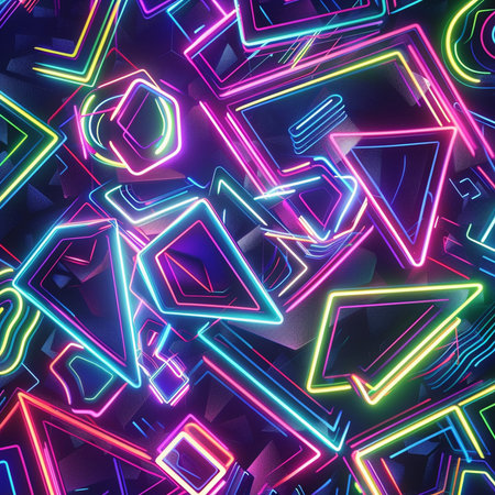 Glowing neon triangles seamless pattern on black background. Vector illustration.の素材